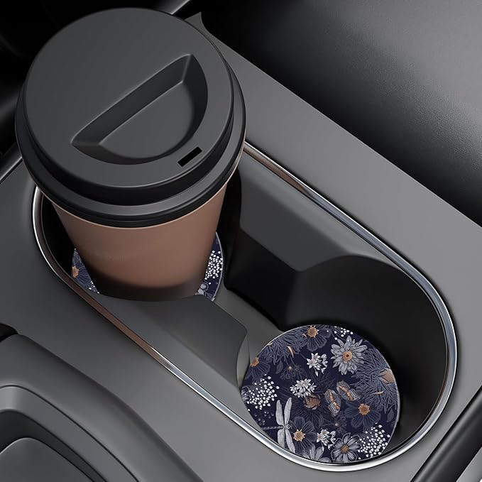 Vintage Wildflowers Insects Car Cup Holder Coaster,Car Coasters for Cup Holder,2 Pack Flowers Butterfly Dragonfly Anti-Slip Absorbent Ceramic Car Cup Coasters for Women Men with Cork Base 2.56"
