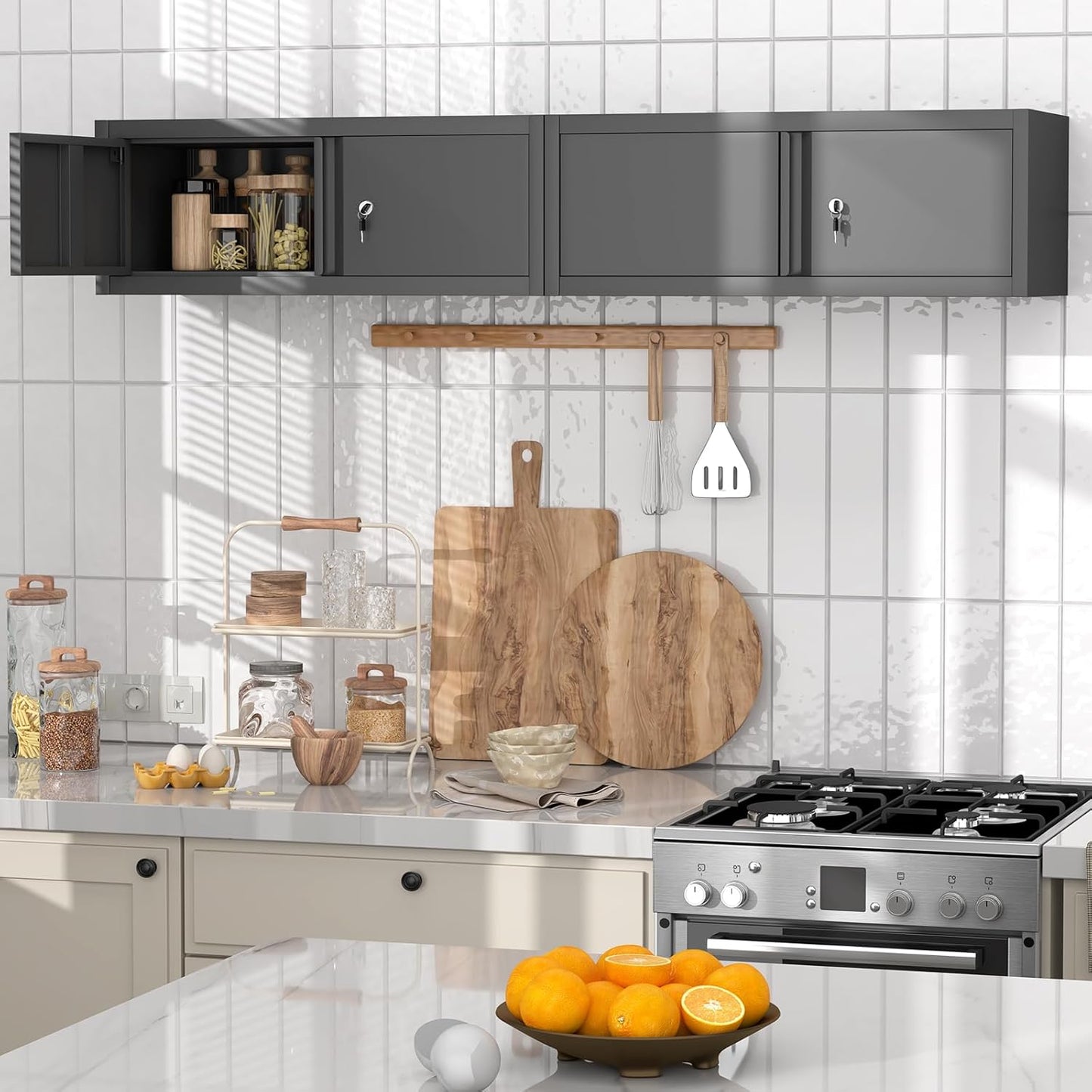 GREATMEET Metal Locking Garage Storage Cabinets, Lockable Storage Cabinet with Doors, 12.8" Metal Wall Cabinet, Wall Mount Hanging Floating Cabinet with Lock for RV, Warehouse Living Room