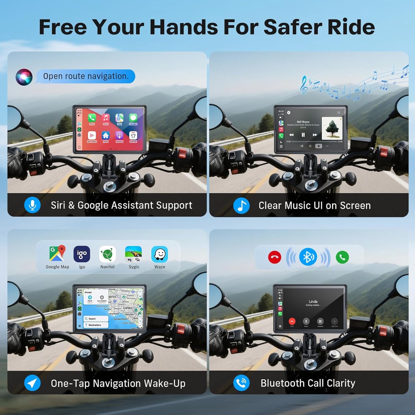 WonVon 5 Inch Motorcycle Carplay GPS Navigation System with Apple Carplay and Android Auto Portable Screen with Dual Bluetooth, Navigation, Siri, Google Assistant(Not Inchluded TPMS)