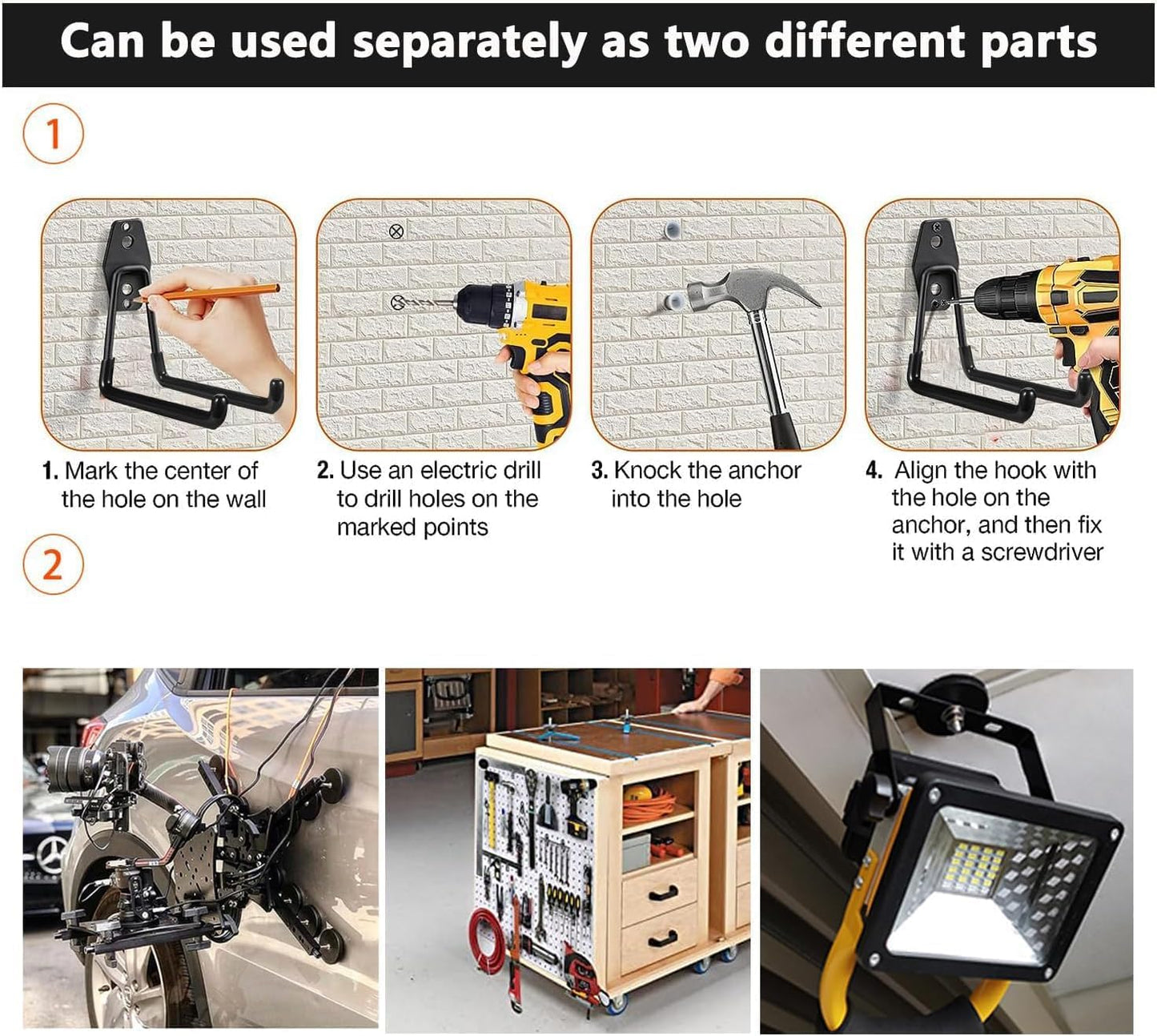 Heavy Duty Magnetic Hooks, Garage Hook, Anti-Slide Garage Hanger, Magnetic Mounting for Garden Tools, Hose, Power Drill, Steel Pegboard, Workshop (8 Pack)