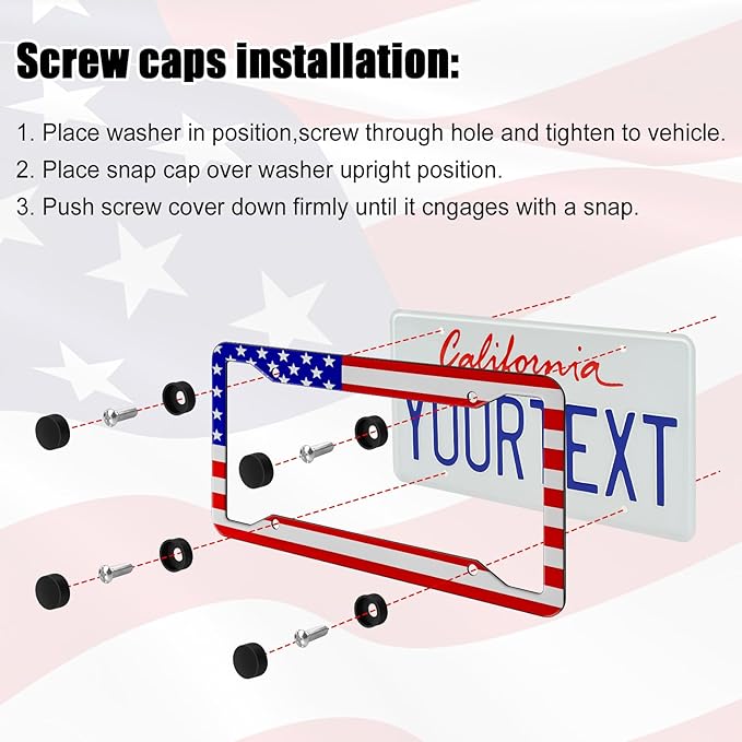 American Flag License Plate Frames Holder - 2 Pack Stainless Steel Rustproof USA Patriotic Car Tag Cover Holder with Free Screws Accessories + Metal Stickers & Keychain & Cup Holder Mats, Red Blue