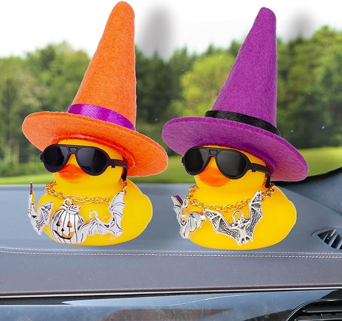 Rubber Duck Car Ornaments Yellow Duck Car Dashboard Decorations with Mini Witch Hat Sunglasses Necklace and Cute Accessories for Party Gifts(H1)