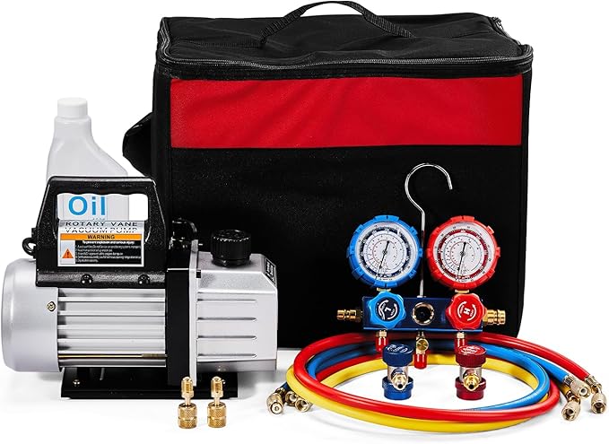 SUNROAD HVAC Air Vacuum Pump Set, 3 CFM 1/4HP A/C Refrigeration AC Manifold Gauge Kit for R410A R134a R12 R22 R502 Auto Air Conditioning Refrigeration Recharging