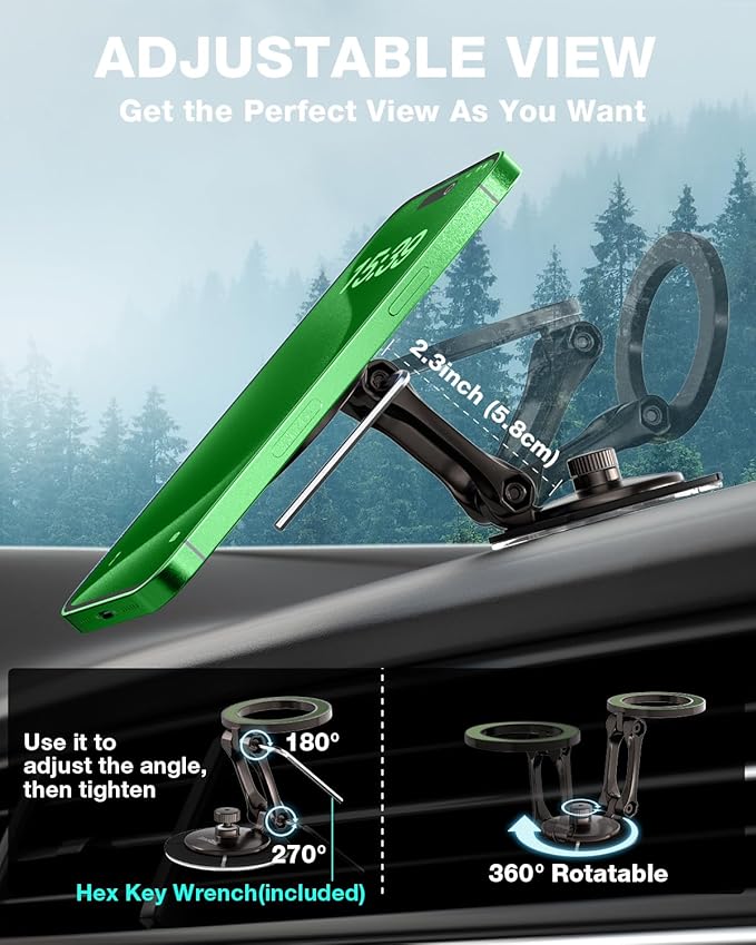 Smolink Magnetic Car Phone Holder, Zinc Alloy Material for Magsafe Car Mount Never Drop, Universal 360°Pro Adjustable Car Phone Holder Mount for iPhone 16 Pro Max 15 14 13 Series All Phones, Green