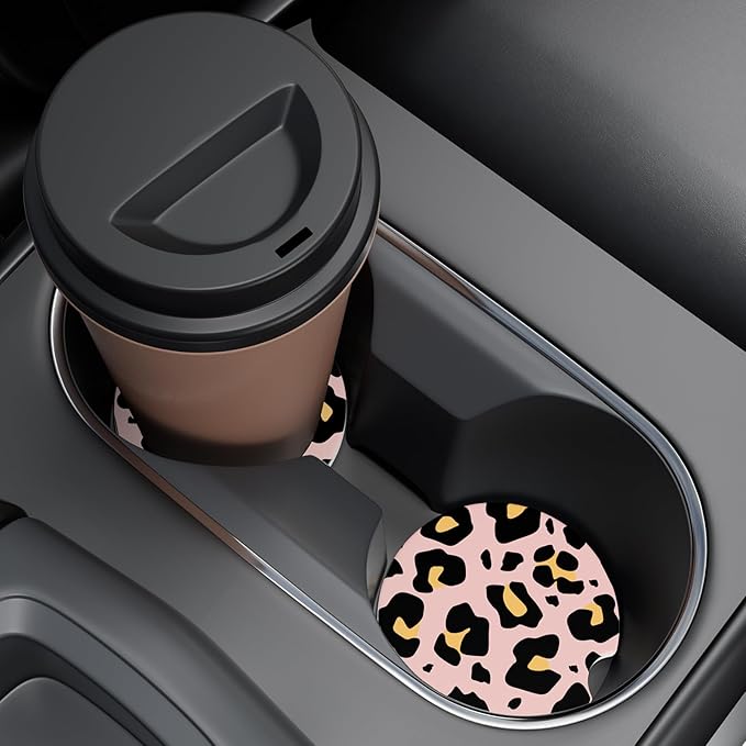 Car Cup Holder Coaster, Car Coasters for Cup Holders, 2 Pack Universal Anti Slip Insert Absorbent Ceramic Auto Interior Accessories with A Finger Notch & Cork Base, Pink Leopard Print
