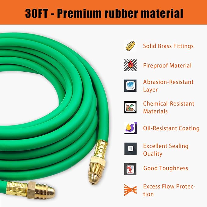 30FT Argon Gas Hose, Inert Gas Welding Hoses for MIG/TIG Welding Regulator,Argon/CO2 Flowmeter Regulator Hose, 5/8" UNF-18RH, NPT Fittings, Welding Accessories for MIG/TIG Welder