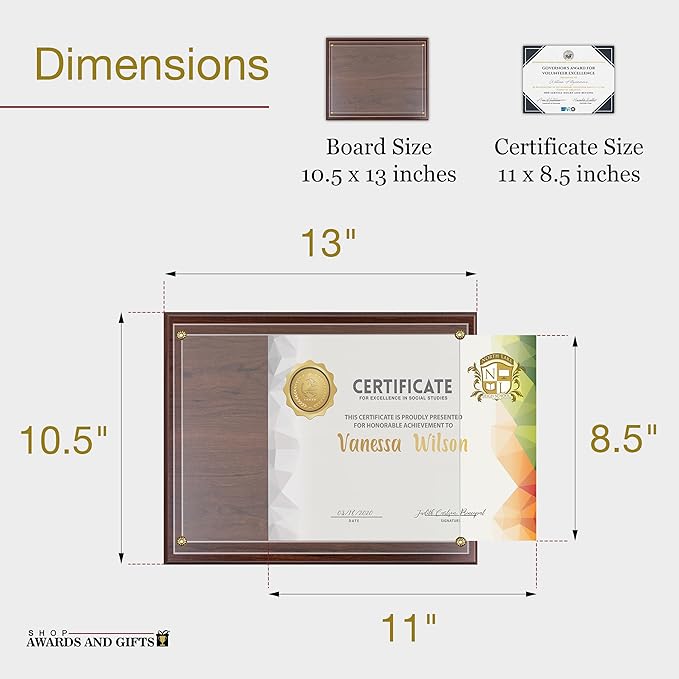 SHOP AWARDS AND GIFTS 8.5 x 11 Certificate Frame Holder, Slide in Wall Plaque Display, 10.5 x 13 Inch Board, Multiple Colors (Walnut)