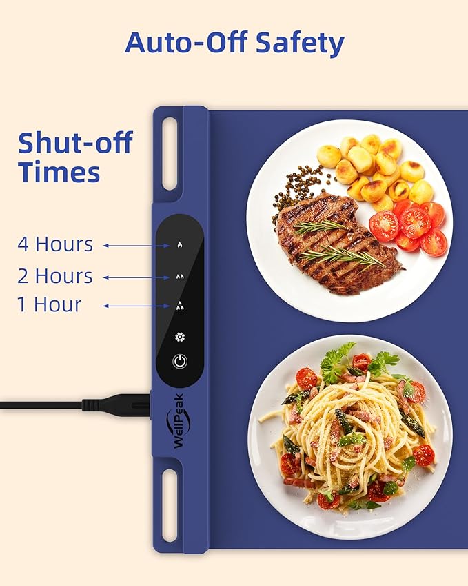 Electric Warming Mat for Food (2-Pack)- Full Surface Fast Heating Silicone Warmer Tray with 3-Level Temperature, Auto-Off, Raised Feet for Table Protection for Gatherings, Parties, Home Buffets, Blue