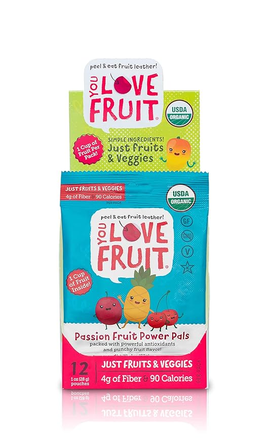 YOU LOVE FRUIT - PASSION FRUIT POWER PALS All Natural Fruit Snacks, Healthy Snack Pack, Real Fruit! Gluten Free, Non GMO, Vegan, Low Carb, Low Fat, Kosher, Variety Pack, Great For Adding To Gift Box, 1.0 oz (Pack of 12)