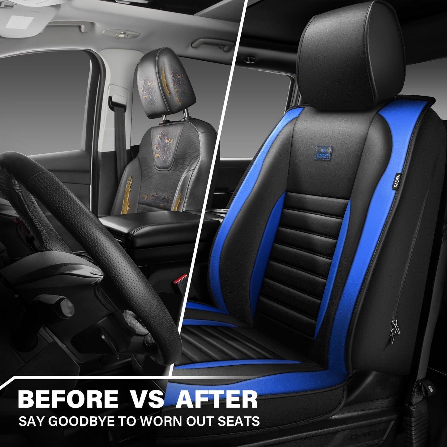 CAR PASS Nappa Leather Car Seat Covers Front Seats, Luxury Seat Protector for Cars, Waterproof Anti-Slip Seat Cushion Armrest Compatible Airbag Universal for Sedan SUV Pick-up Truck Auto, Black Blue