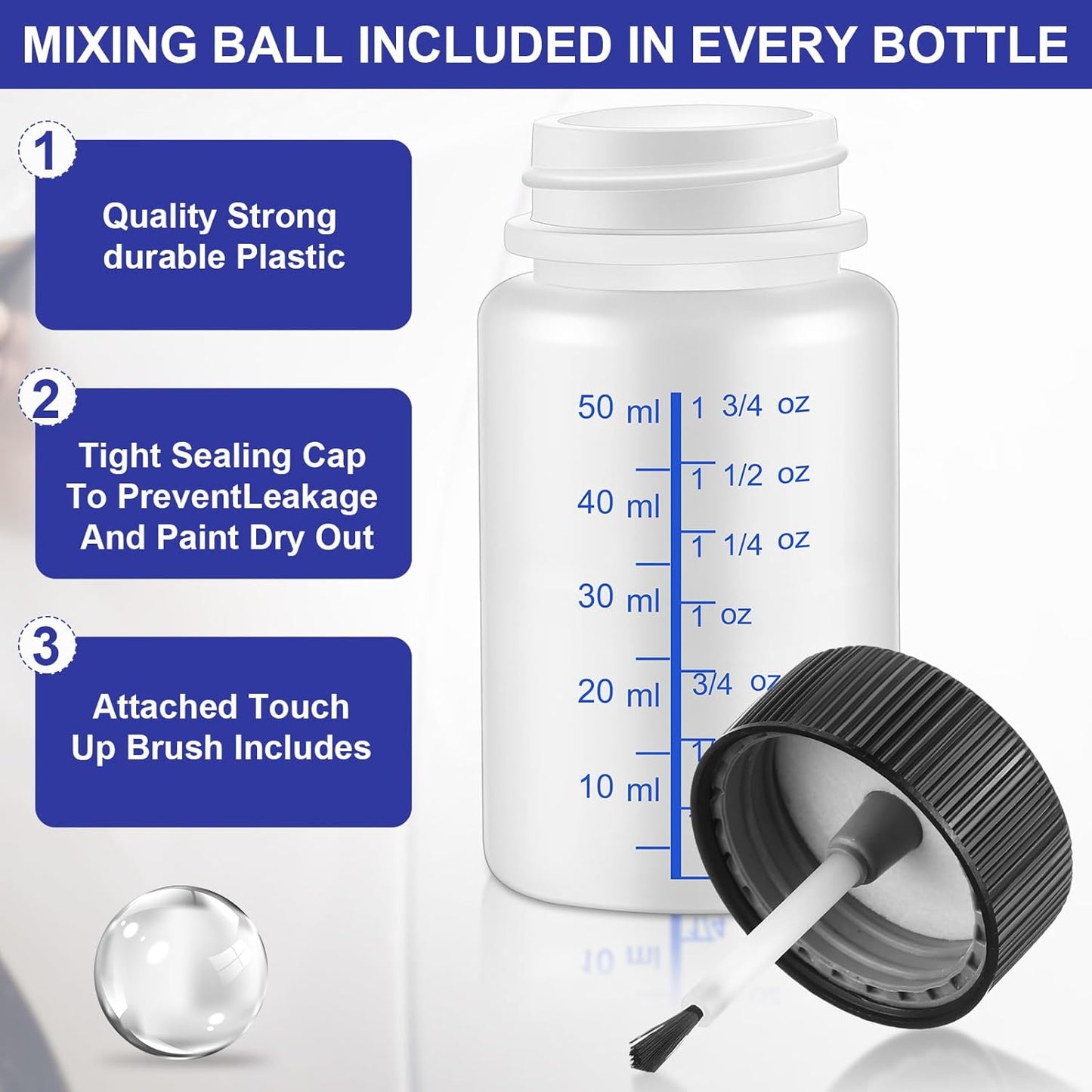 Maxcheck 60 Pcs Touch up Paint Bottles with Applicator Brush and Lids 2 oz and 1 oz Liquid Capacity Plastic Leftover Touch up Paint Container with Mixing Ball for Fixing Wall Stone Chip Car Surface