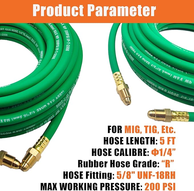 5FT Argon Gas Hose, Inert Gas Welding Hoses for MIG/TIG Welding Regulator,Argon/CO2 Flowmeter Regulator Hose, 5/8" UNF-18RH, NPT Fittings, Welding Accessories for MIG/TIG Welder