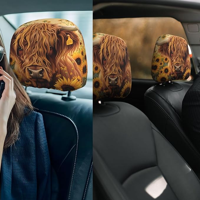 Dujiea 2 Pack Highland Cow Sunflowers Car Headrest Covers, Universal Soft Car Seat Head Rest Cover Protector, Vehicle Accessories Fabric Headrest Cover for Cars Vans Trucks