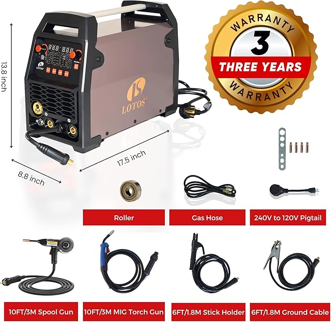 LOTOS MIG180SP MIG Welder with Aluminum Spool Gun, 180A 110/220V, 6 in 1 Gas MIG, Spool Aluminum, Gasless Flux Core, Stick, Lift TIG, Spot, Multi Process Welding Machine Auto Synergistic Setting