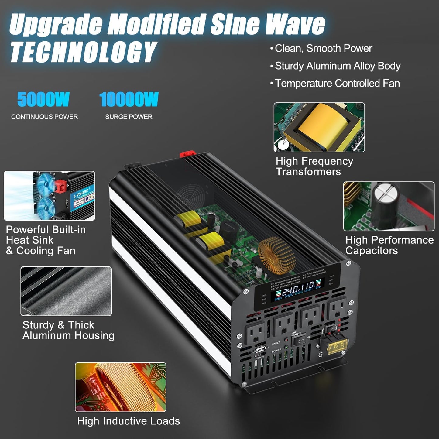 LVYUAN 5000 Watt Power Inverter 24V to 110V 120V for Vehicle, Solar Inverter System, Heavy Duty, RV, Truck, Off Grid,Camping with 4 AC Outlets, LCD Display, Wireless Remote Control, Car Power Inverter