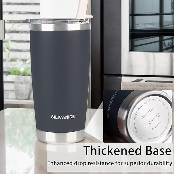 Soft Gray 20 oz Stainless Steel Vacuum Insulated Tumbler with Lid,Durable Travel Coffee Mugs Cups,Dishwasher Safe, Leak Proof,Cold And Hot Coffee Bottle,Easy Cleaning,Silicone Coating Soft Touch,men