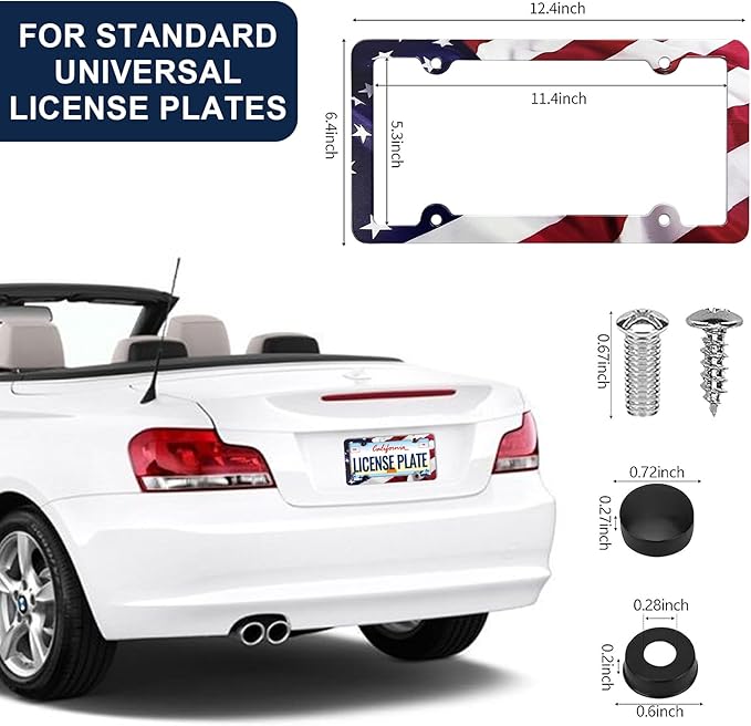 LIN KANG American Flag License Plate Frame Holder - 2 Pack Patriotic Universal Aluminum Matte Stripe US Flag Gloss Car Plate Frame Covers Accessory with 4 Holes and Screws Fasteners Caps