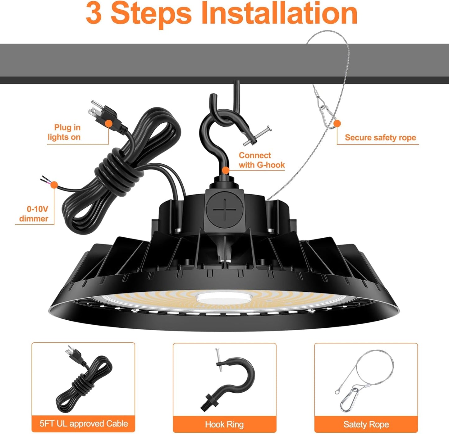 8Pack LED High Bay Lights, 150W UFO High Bay LED Shop Lights, 22500LM Adjustable CCT(5700K 5000K 4500K) & Power(150W 120W 80W), 0-10V Dimmable, 5' Cable Plug, IP65 Waterproof, ETL & DLC Listed