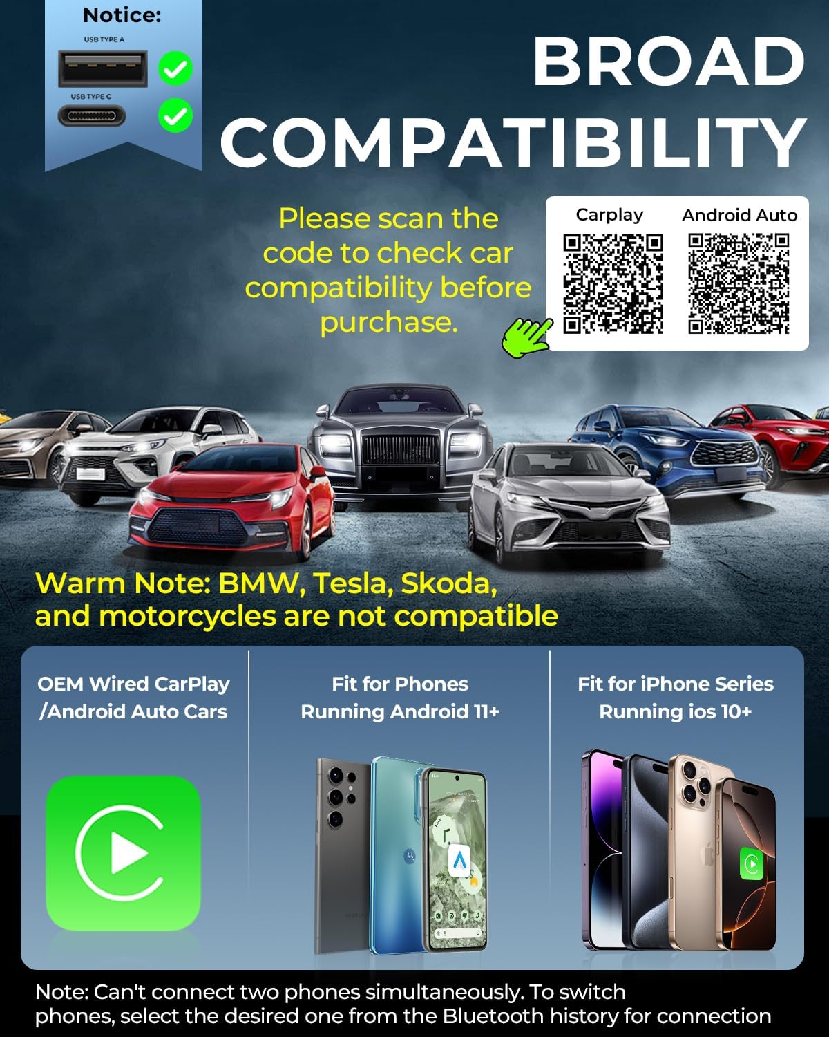 AuroraLink Wireless Carplay Adapter for Apple iPhone & Android Auto 2-in-1 Fast & Stable Carplay Wireless Adapter Convert Wired to Wireless Car Play Dongle for iOS 10+/Android 11+ (Grey)