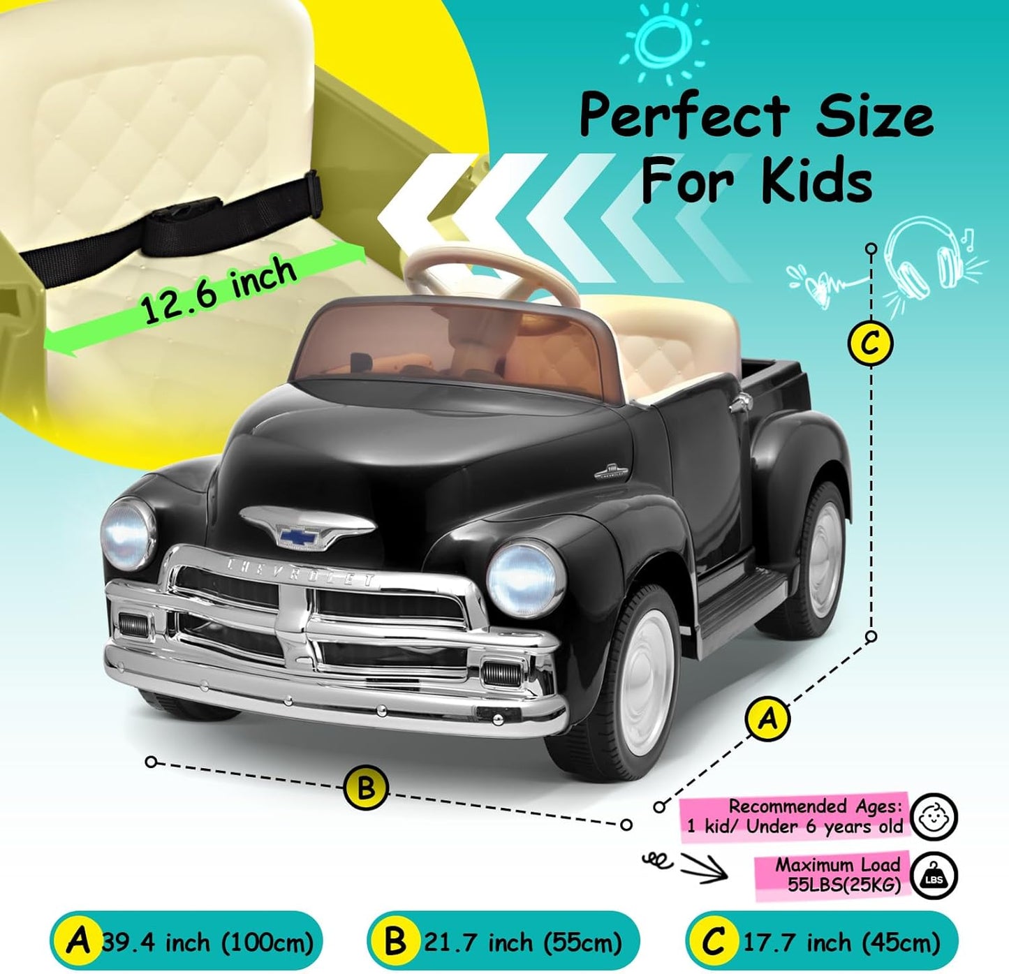 Joywhale 12V Kids Ride on Car Licensed Chevrolet 3100 Pickup Battery Powered Motorized Electric Car,with 7AH Big Battery,2.4G Remote Control,3-Speeds,Storage Space,Music,Retro Style,Black