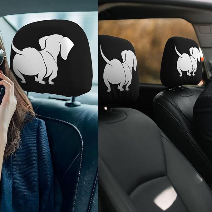 Dujiea 2 Pack Black Dachshund Dog Car Headrest Covers, Universal Soft Car Seat Head Rest Cover Protector, Vehicle Accessories Fabric Headrest Cover for Cars Vans Trucks