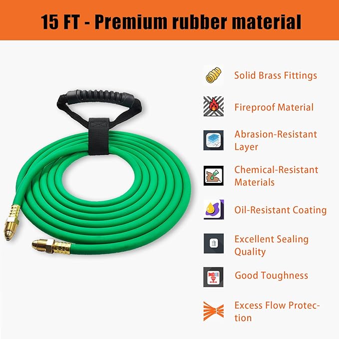 15FT Argon Gas Hose, Inert Gas Welding Hoses for MIG/TIG Welding Regulator,Argon/CO2 Flowmeter Regulator Hose, 5/8" UNF-18RH, NPT Fittings, Welding Accessories for MIG/TIG Welder