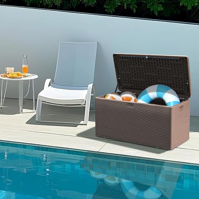 73 Gallon Outdoor Storage Box - Waterproof Resin Deck Box for Patio, Pool & Garden, Lockable Outdoor Cushion Storage & Delivery Boxes for Outside, UV-Resistant, Rich Brown