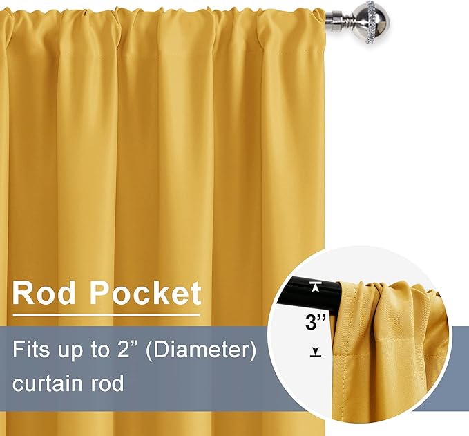 JIUZHEN Blackout Curtains for Bedroom - Thermal Insulated Room Darkening Rod Pocket Curtains for Living Room, Set of 2 Panels with Tiebacks, 42 x 96 Inch Length, Mustard Yellow