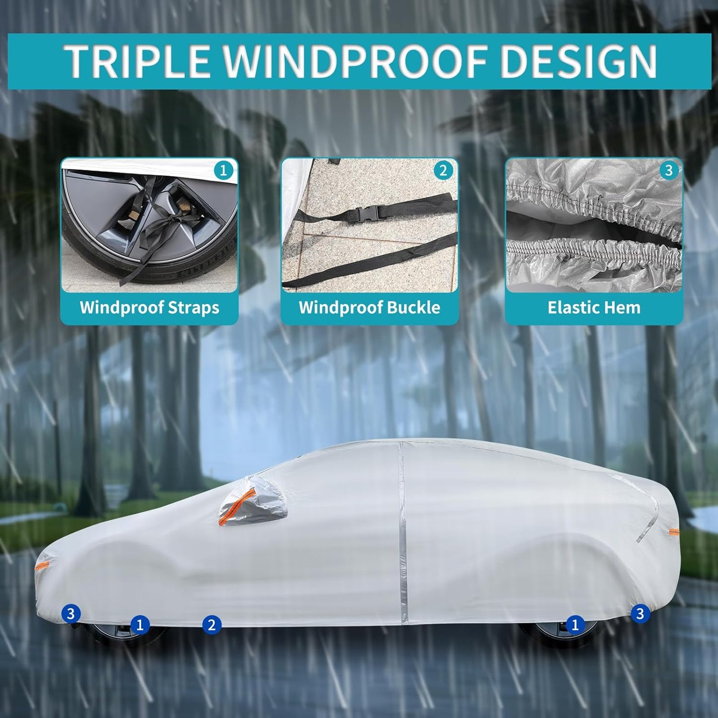 Car Cover for Tesla Model 3 2017-2025 Custom Fit Full Exterior Car Cover with Charging Port Door Zipper Ventilated Mesh Heavy Duty All Weather Waterproof Windproof Dust Snow Sun UV Protection