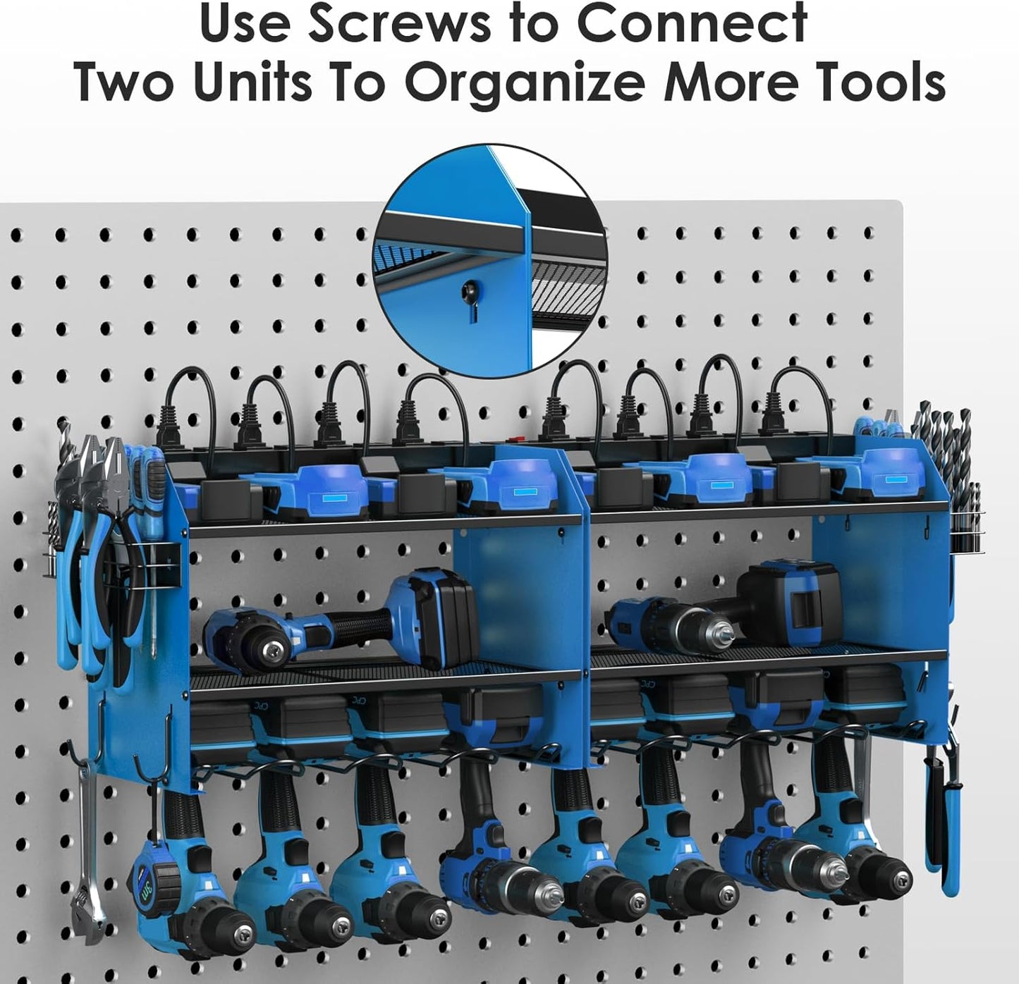 CCCEI Modular Power Tool Organizer Wall Mount with Charging Station. Garage 4 Drill Storage Shelf with Hooks, Screwdriver, Drill Bit Heavy Duty Rack, Tool Battery Holder Built in 8 Outlet Power Strip.
