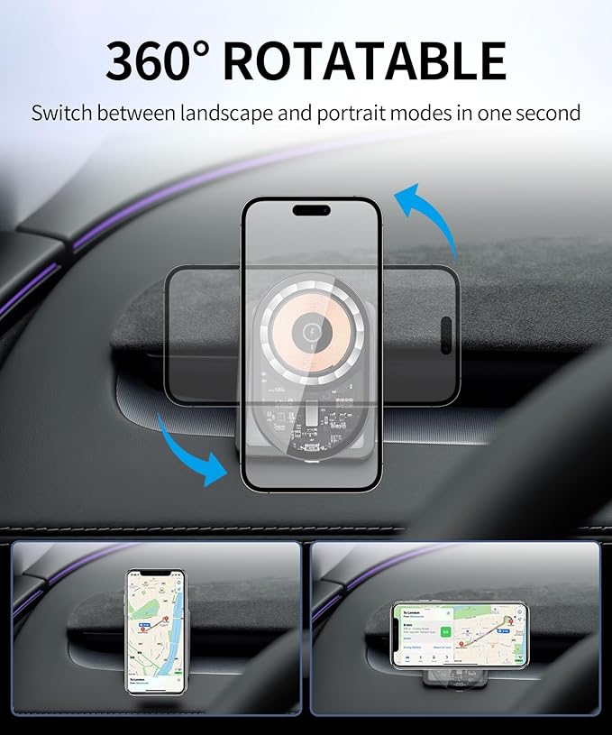 Wireless Charging car Phone Holder for Tesla Model Y 2025 Tesla Model 3 2024 2025 Auto Accessories Navigation Bracket Interior Decoration Mobile Cell Phone Mount, 360° Rotation