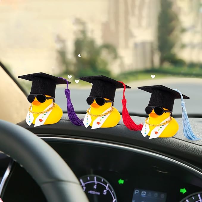 wonuu Graduation Stole Rubber Ducks, Dashboard Decorations Duck for Car Ornament Accessories with Hat Sunglasses Sash Chain (Light Blue)