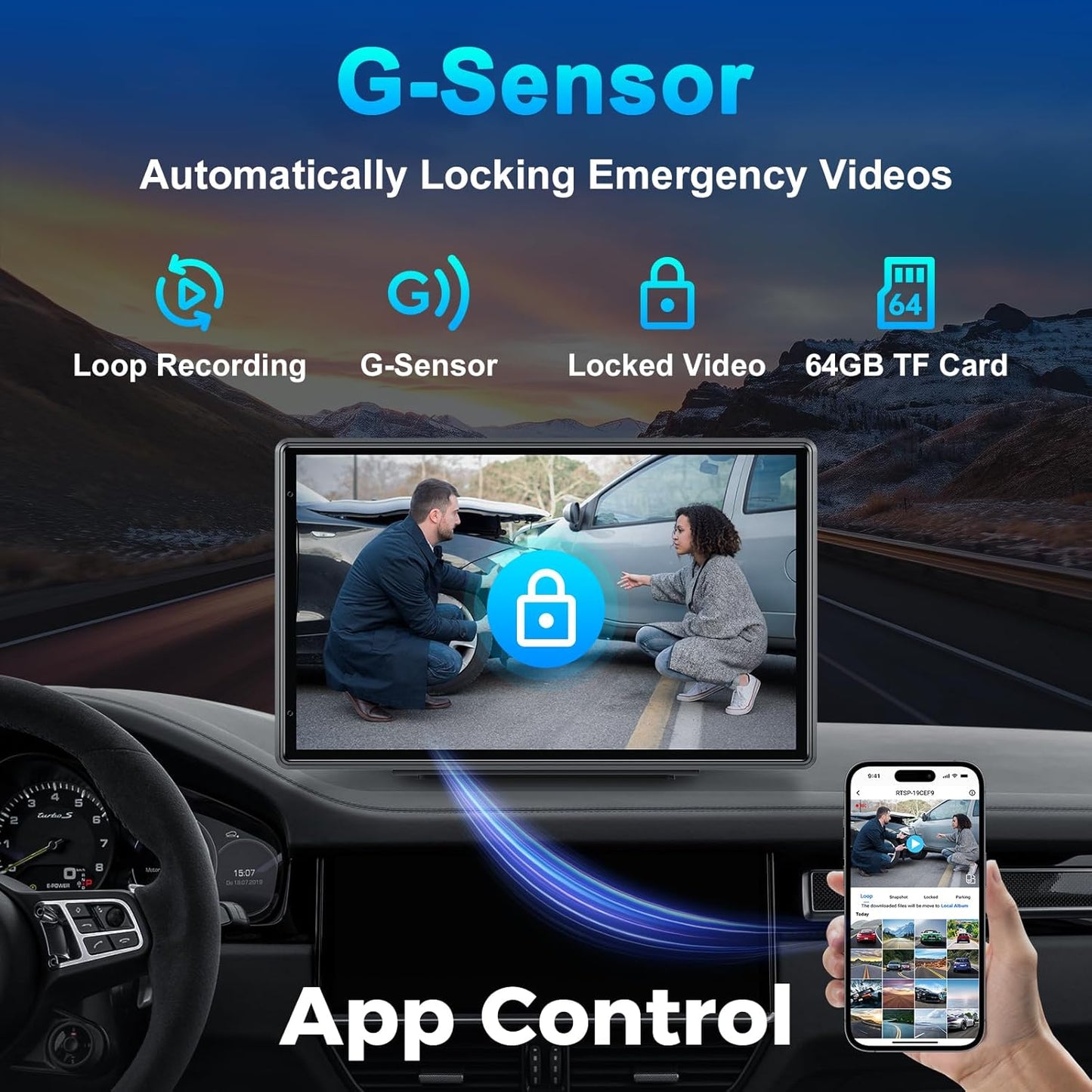 Wireless Portable Carplay Screen with 4K Dash Cam, Android Auto, 9'' Auto-Dimming Screen with Strongest Suction Mount, GPS Navigation for Car, 1080P Backup Camera, Loop Recording