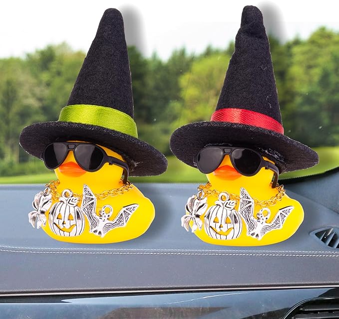 Rubber Duck Car Ornaments Yellow Duck Car Dashboard Decorations with Mini Witch Hat Sunglasses Necklace and Cute Accessories for Party Gifts(H4)