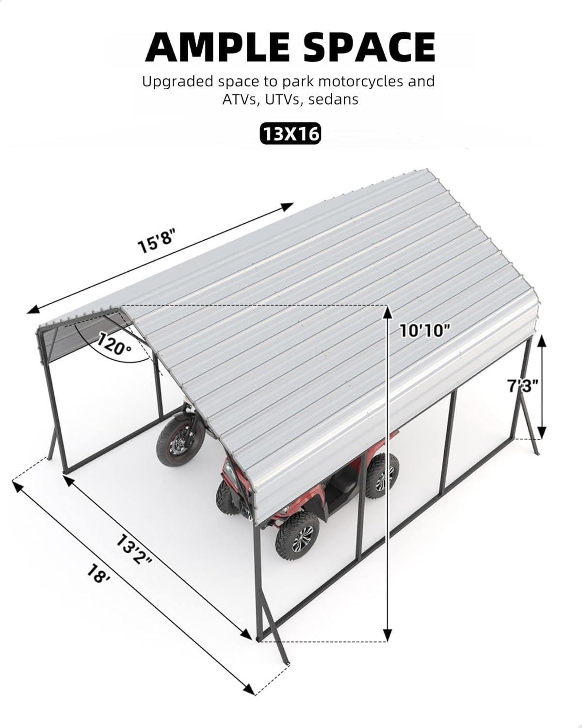 13'x16'x11' Metal Carport, Steel Heavy Duty Car Ports for All-Weather, for Cars, Motorcycles, ATV, or Boats, N.W. 500 Lbs