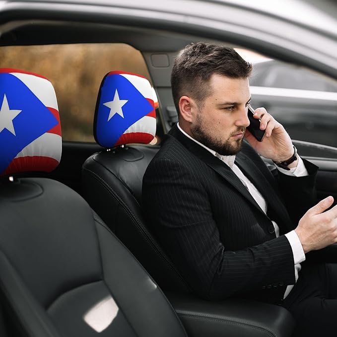 Puerto Rico Car Headrest Covers 2 Pack – Double-Sided Taíno Frog & Puerto Rican Flag Design – Universal Fit Stretch Seat Headrest Protector for Cars, SUVs & Trucks