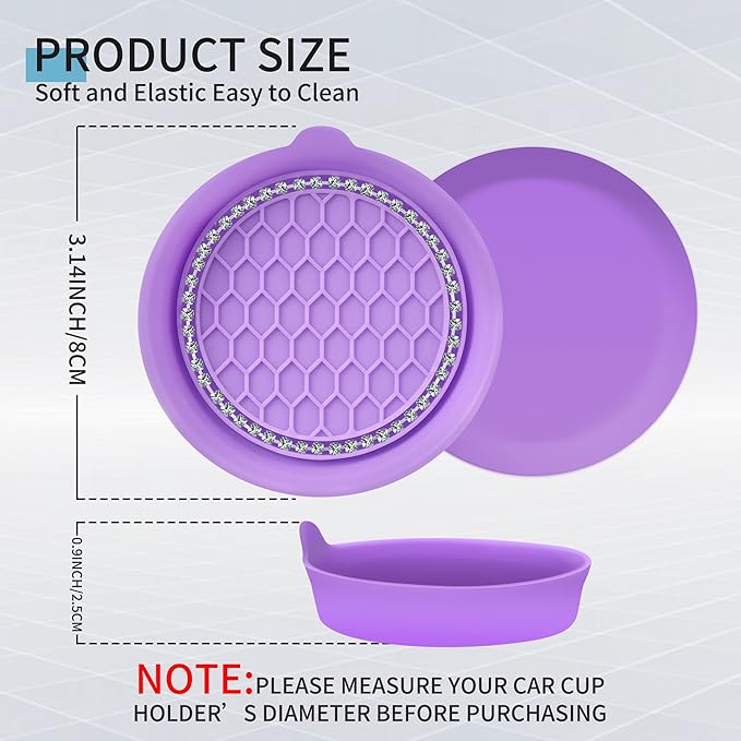 Amooca Car Cup Coaster Universal Non-Slip Cup Holders Bling Crystal Rhinestone Car Interior Accessories 2 Pack Purple