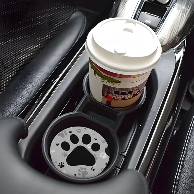 ABLESKY Car Coasters for Cup Holders, 2 Pack Absorbent Anti Slip Car Cup Holder Coasters, 2.56 Inch Ceramic Universal Size Auto Interior Accessories Women Men-Gray Dog Paw