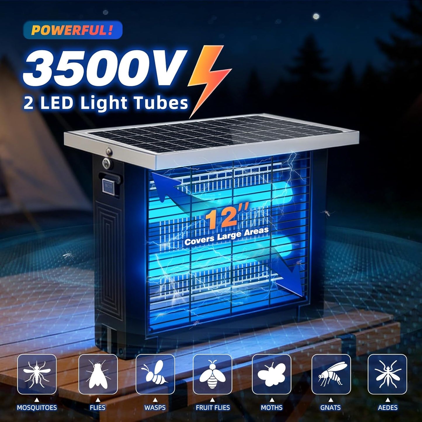 Outdoor Solar Bug Zapper for 2000 Sq.Ft, Portable Mosquito Zapper with 13ft Extension Cord, Rechargeable Electric Zapper with High Power for Yard, Garden,
