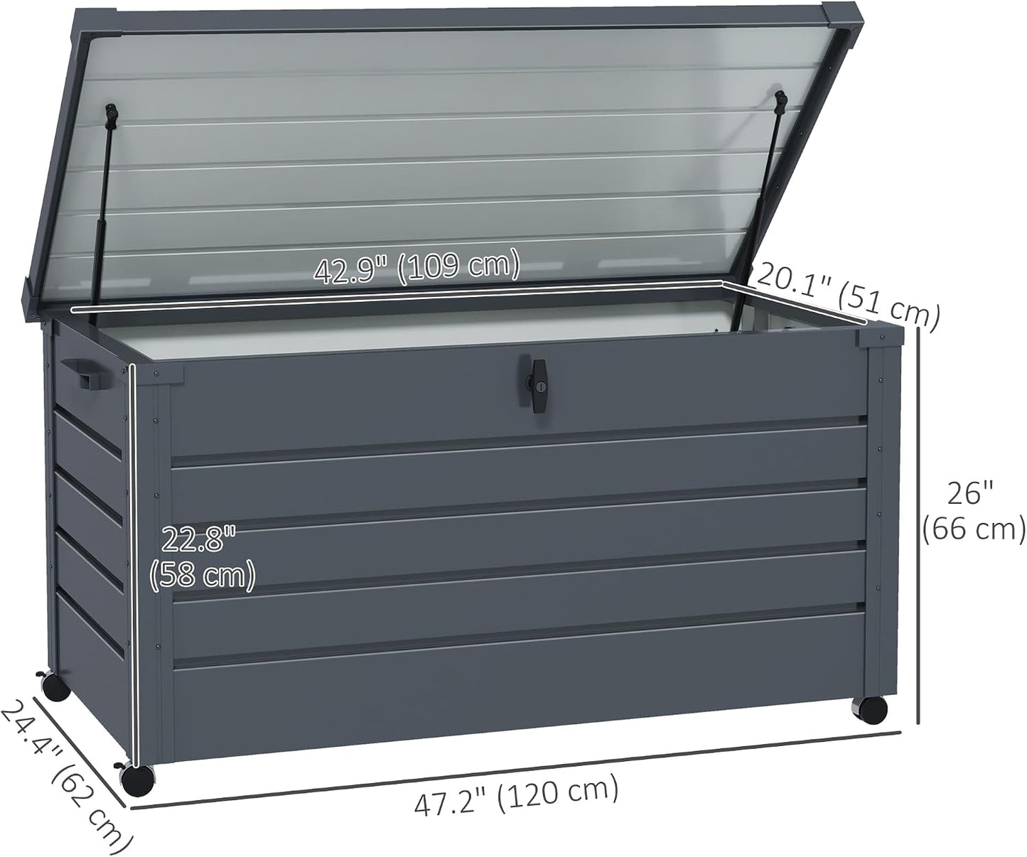 Outsunny 82 Gallon Garden Storage Box, Waterproof Outdoor Storage Container with Wheels and Handles, Lockable Galvanised Steel Outside Deck Box for Tools, Cushions, Dark Grey