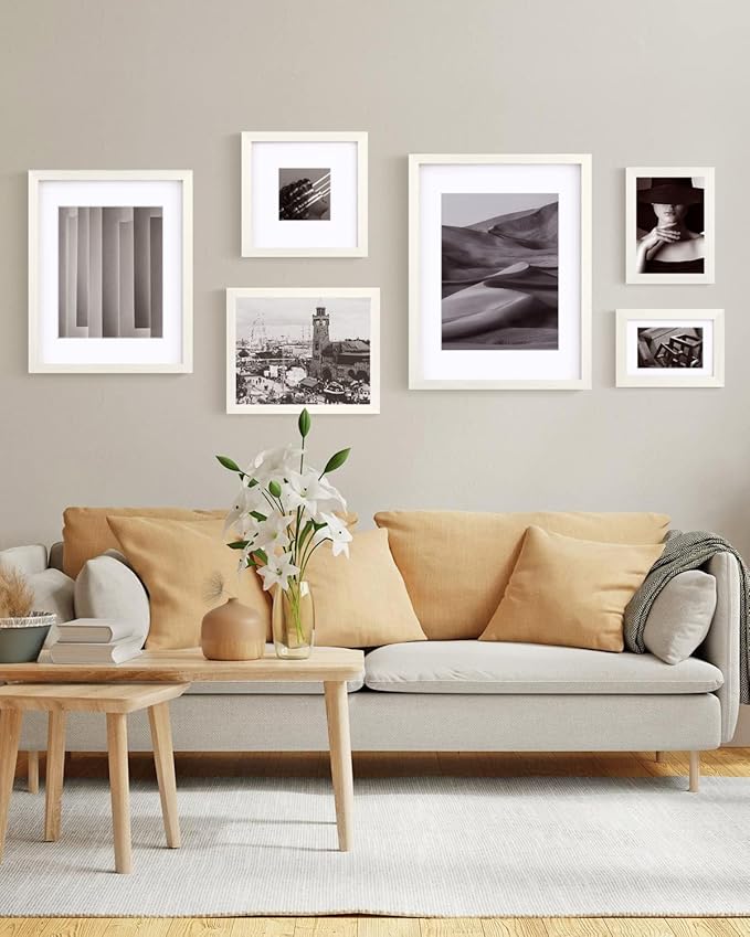 Egofine 4x6 Picture Frames Set of 4, Made of Solid Wood Covered by Plexiglass 3.5x5 with Mat or 4x6 without Mat, for Table Top Display and Wall Mounting Photo Frame Beige