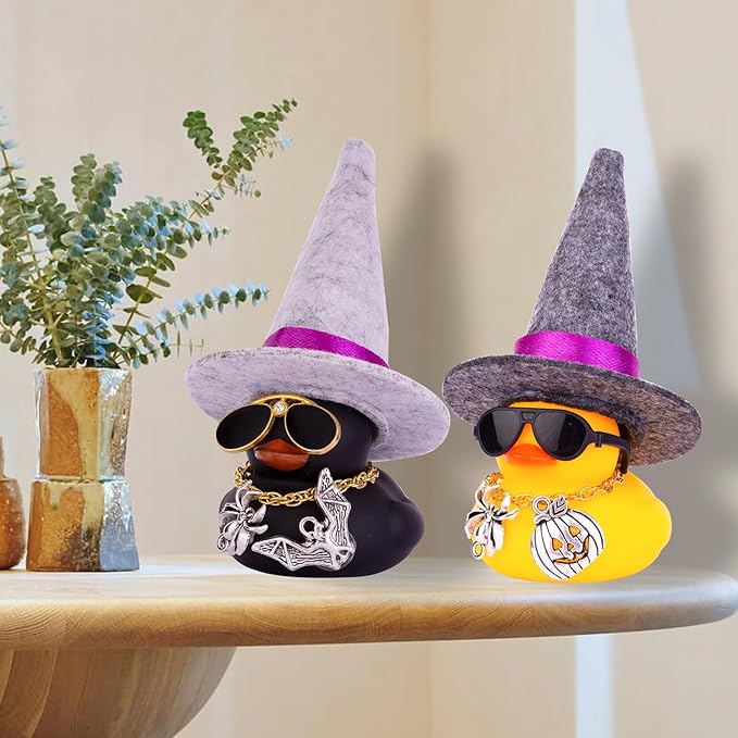 Car Rubber Duck Ornaments Halloween Duck Car Dashboard Decorations with Mini Witch Hat Sunglasses Necklace Halloween Accessories for Halloween Themed Gifts(W9-Dark Gray&Purple Ribbon)
