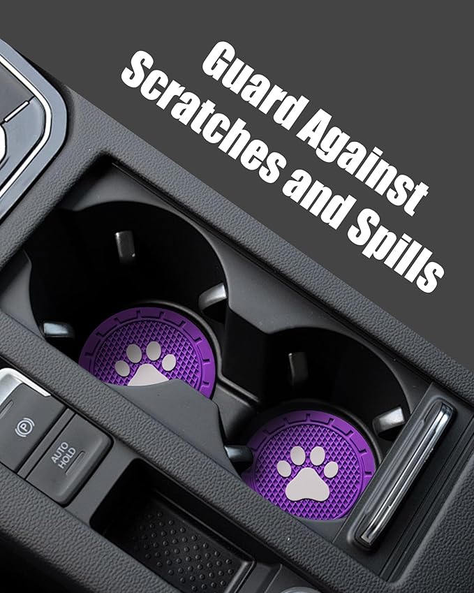 4 Pack Car Cup Coasters, Universal Dog Paw Print Non-Slip Silicone Cup Holder Inserts, Car Interior Accessories, Purple