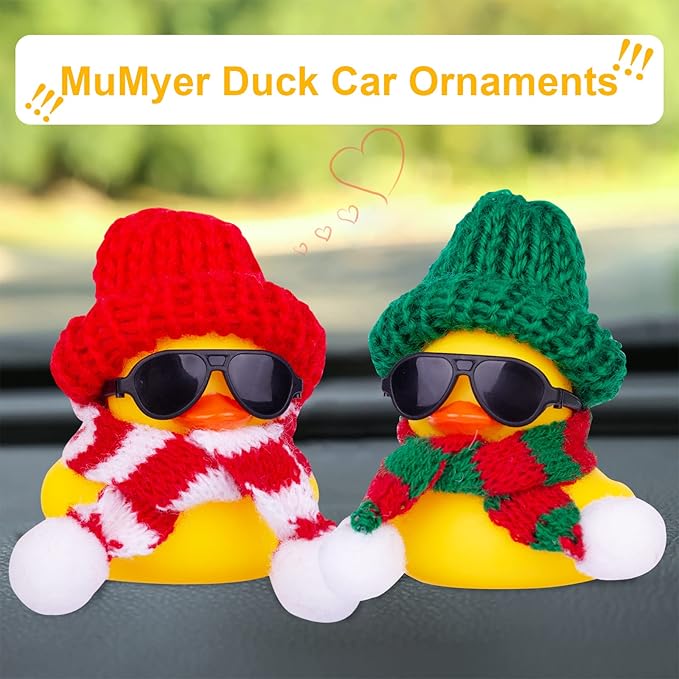 Rubber Duck Car Ornaments 2Pack Winter Duck Car Dashboard Decorations for Christmas Decor and Home Decorations with Mini Hat Scarf and Sunglasses(A)