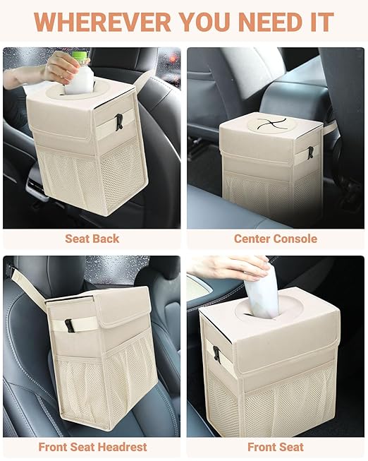 Capolo Car Trash Can with Lid, Leakproof Car Trash Bag Hanging Waterproof Automotive Garbage Can with Storage Pockets Mini Vehicle Trash Bin for Back/Front Seat(Beige,2.5 Gallon)