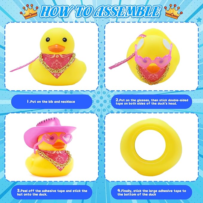 Funny Rubber Ducks for Car & Home Decor - Mini Rubber Duck with Cowboy Hat, Pink Heart Sunglasses, Scarf & Gold Chain | Easy DIY Squeaky | Pink Car Accessories Gift for Adults,Car Enthusiasts