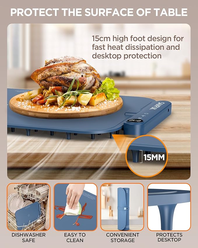 2025 Upgrade Electric Warming Tray,Food Warming Mat,Food Heating Mat for Countertop, 6 Temperature Modes, Auto Shut-Off,Removable, Washable,for Versatile Food Warmer for Parties (Blue)
