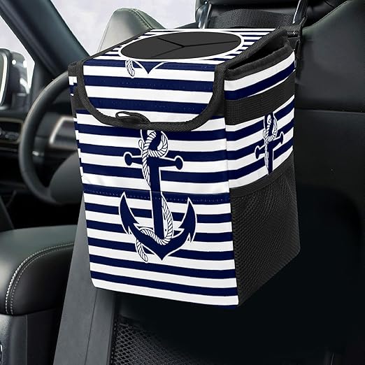 Car Trash Can Nautical Navy Blue Anchor Auto Garbage Bag Car Trash Can with Lid Leak-Proof Car Storage Bag Auto Garbage Bag Hanging for Headrest Collapsible and Portable with Storage Mesh Pocket