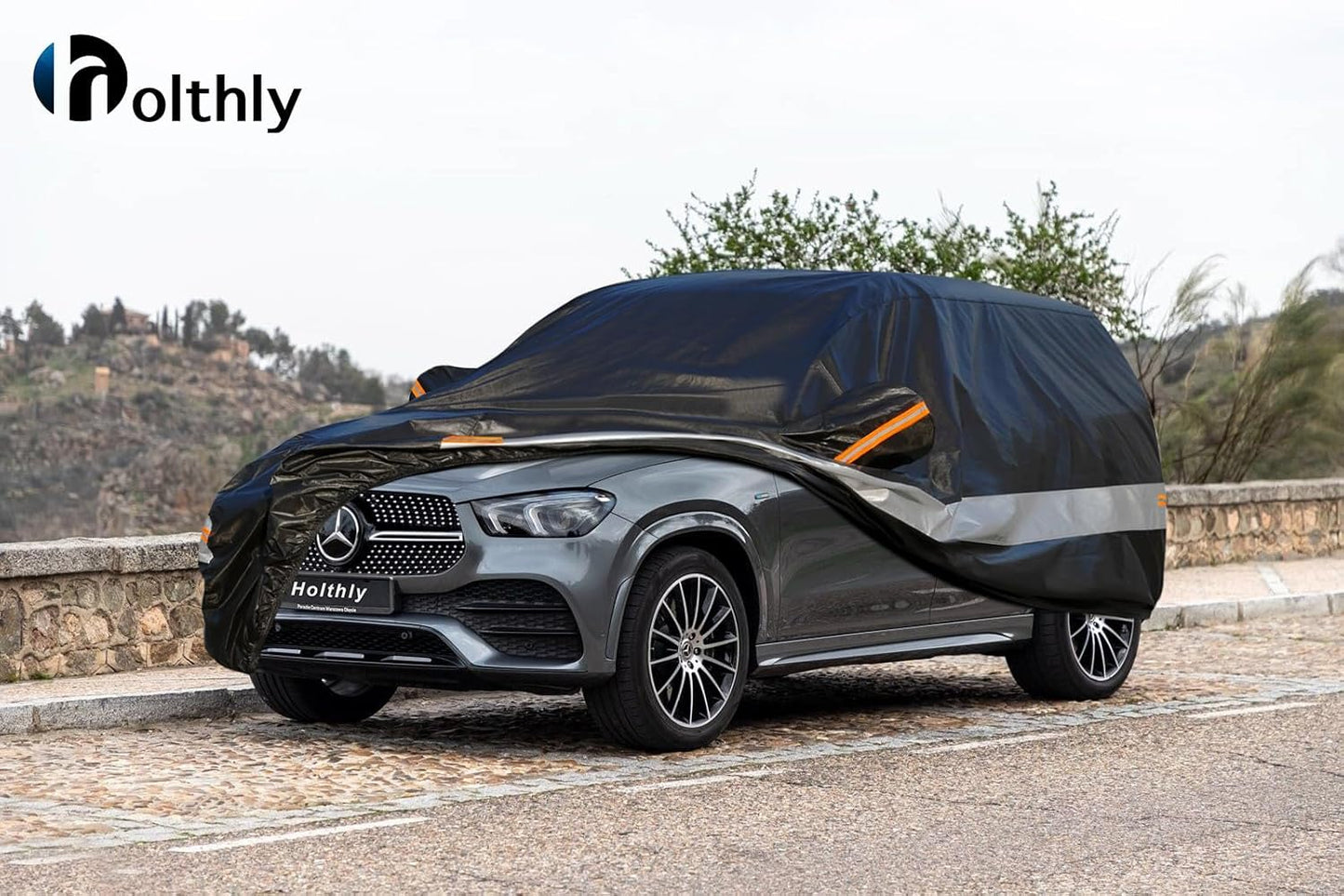 Holhtly SUV Car Cover Custom Fit for Mercedes Benz GLE350 GLE400 GLE450 GLE43 GLE53 GLE63, Outdoor Car Covers for Automobiles All Weather Waterproof Sun Snow Rain Wind Dust Protection, Black & Grey
