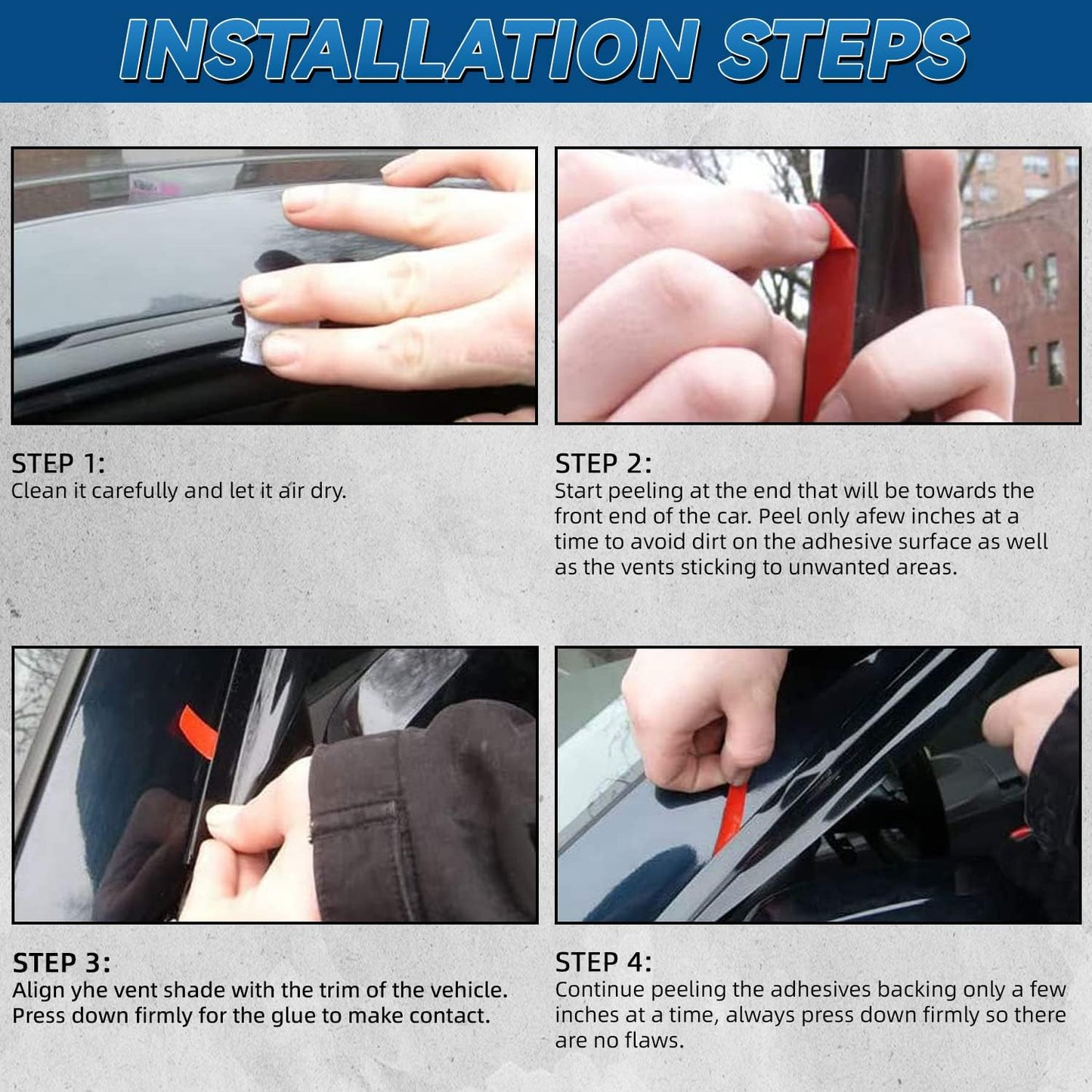 Set of 4 Front+Rear Smoke Sun/Rain Guard Outside Mount Tape-On Acrylic Window Visors Compatible with 07-18 Wrangler JK 4-Door